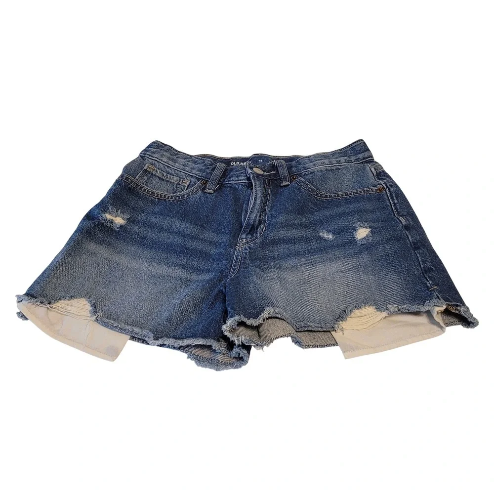 Old Navy High Rise Distressed Denim Shorts Girls 14 Blue Built-In Tough Frayed